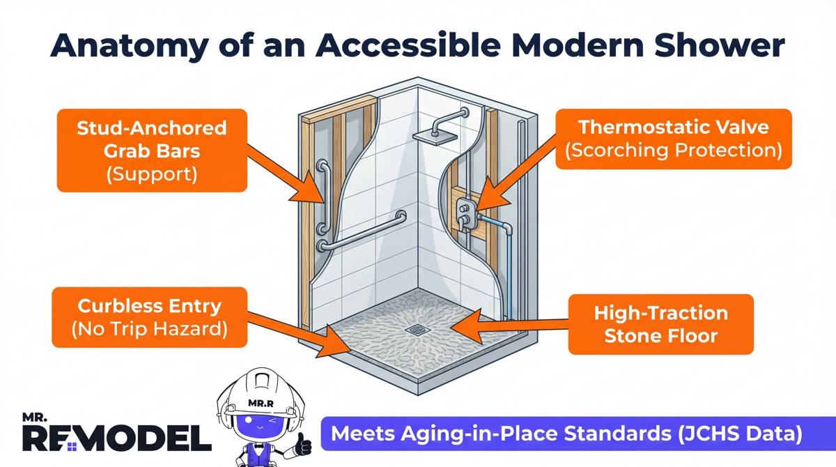 A technical diagram detailing the specific components required by modern accessible design standards, such as curbless entries and stud-anchored grab bars, highlighting a growing design trend.
